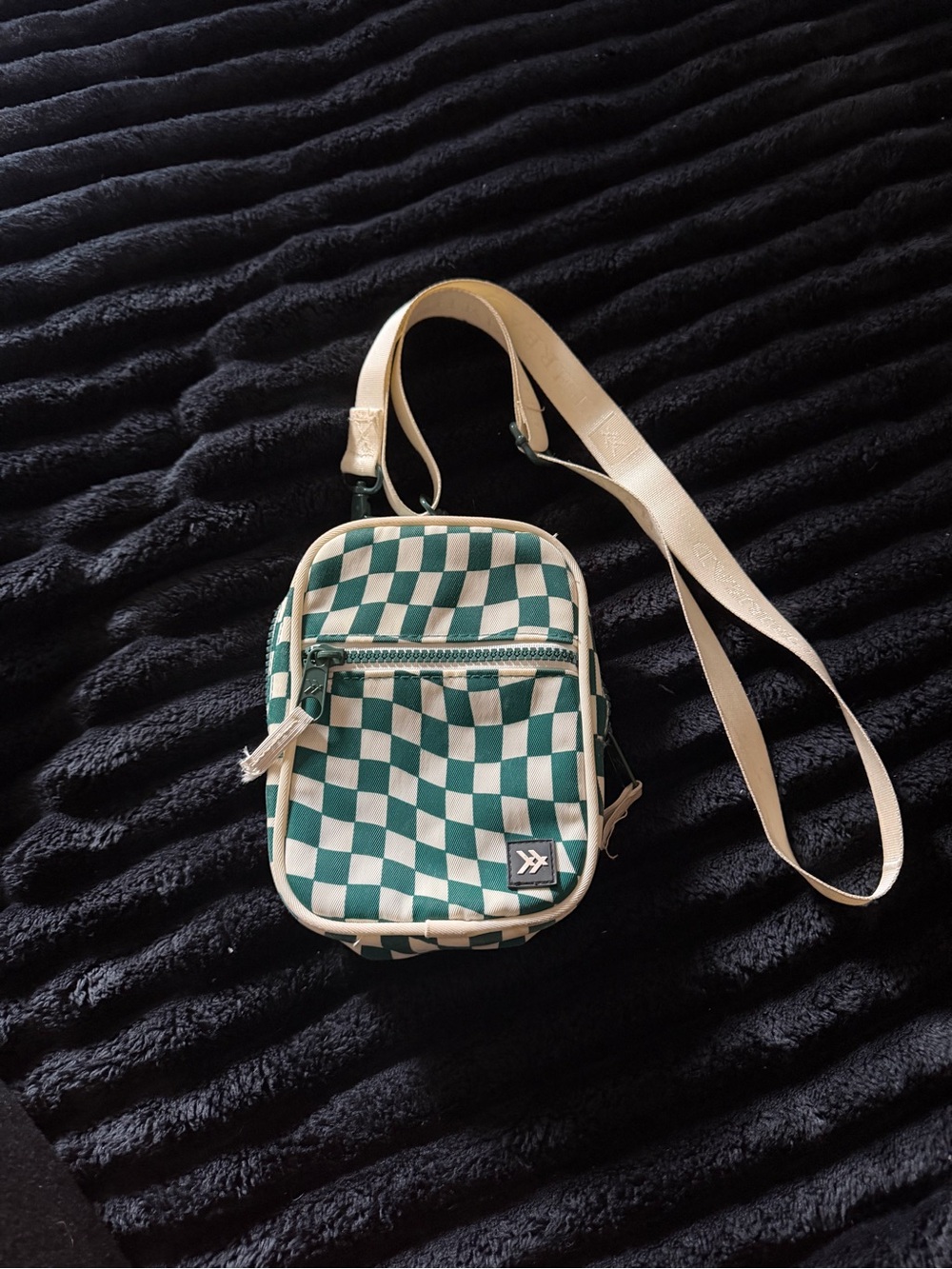 Checkerboard Crossbody Belt Bag in Green and Cream